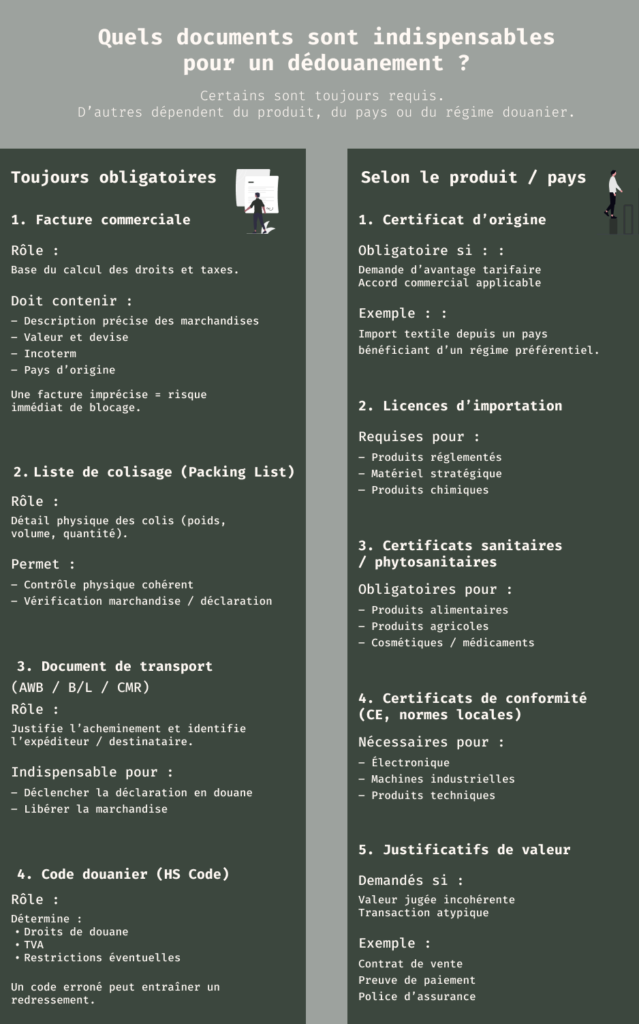 Liste des documents obligatoires et optionnels pour le dédouanement selon le produit et le pays