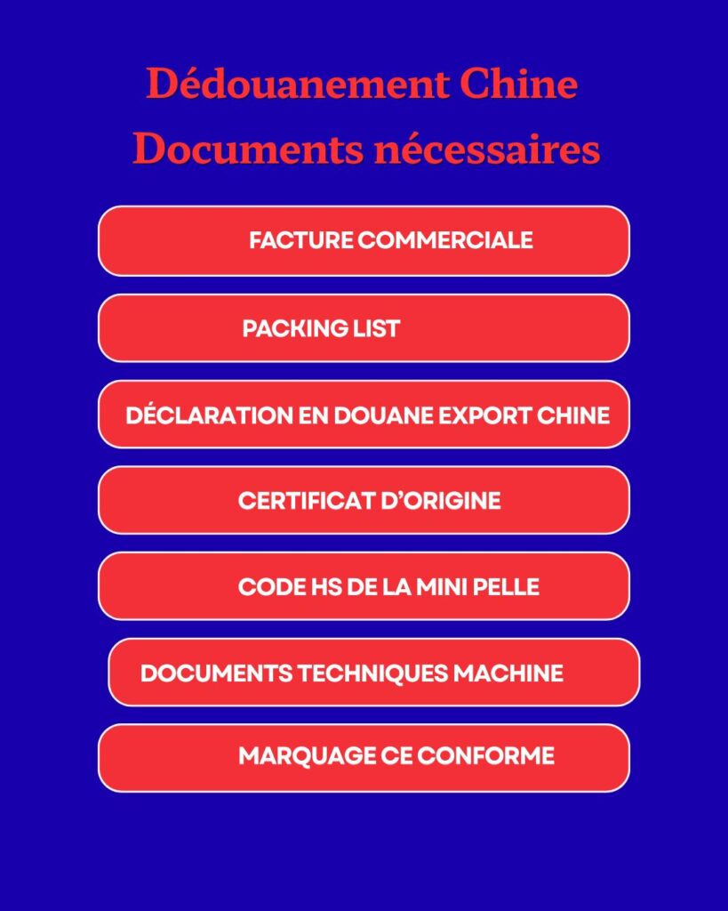 Liste document dédouanement Chine Mini pelle